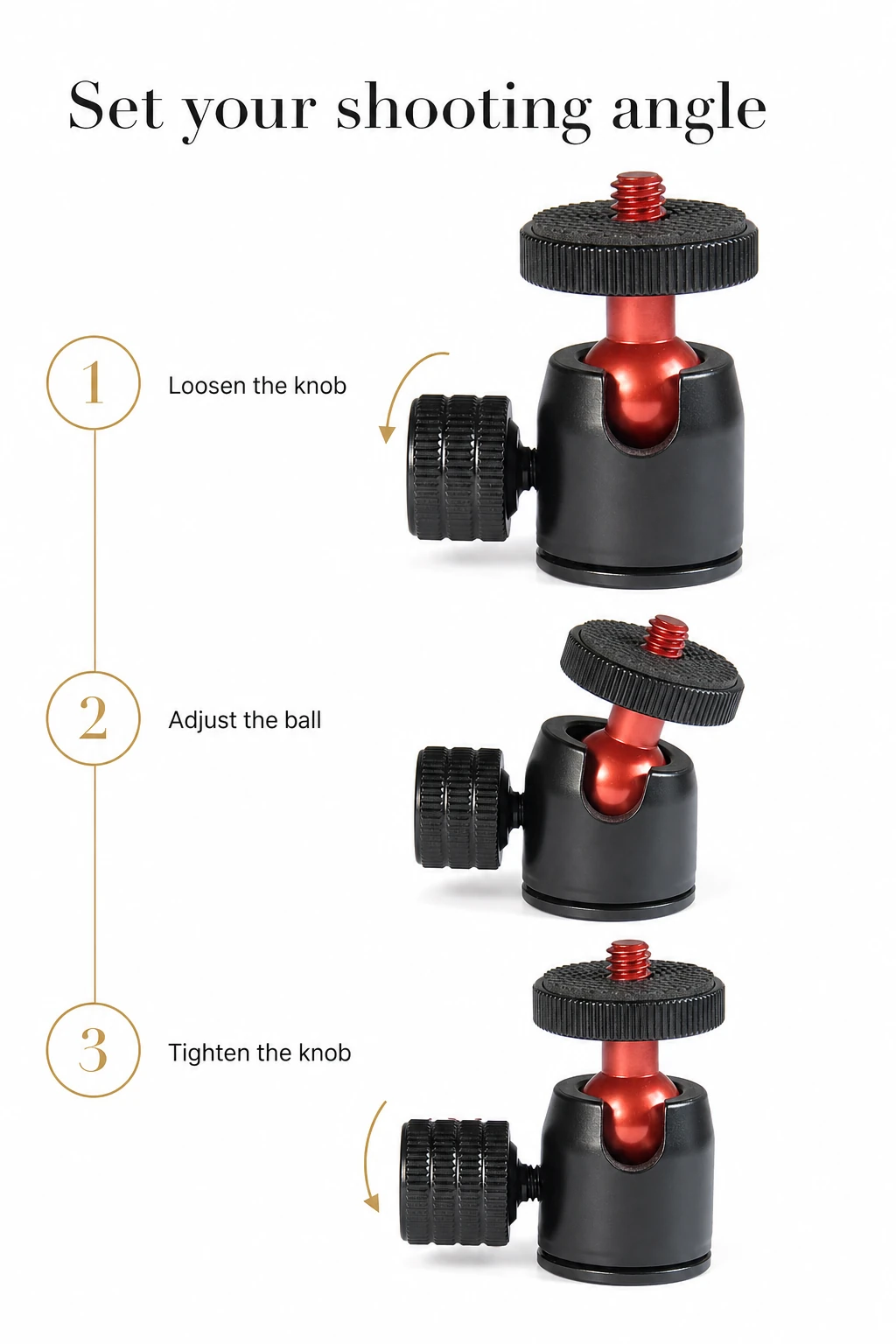 Three steps for loosening, positioning and locking the red ball