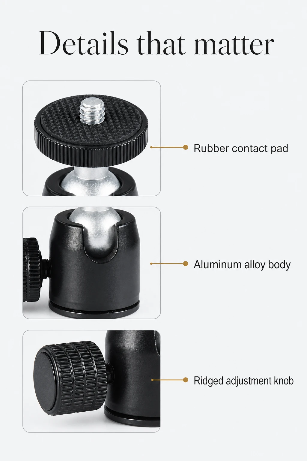 Rubber pad, aluminum body and ridged knob shown in detail