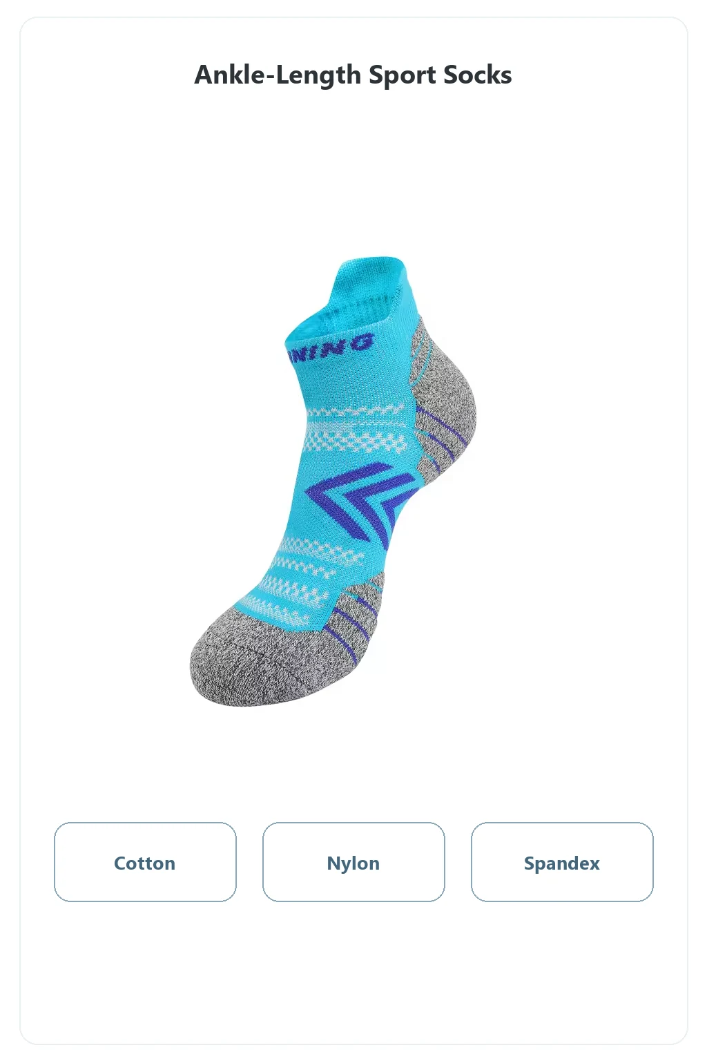 Single cyan ankle sock above labels naming cotton, nylon and spandex.