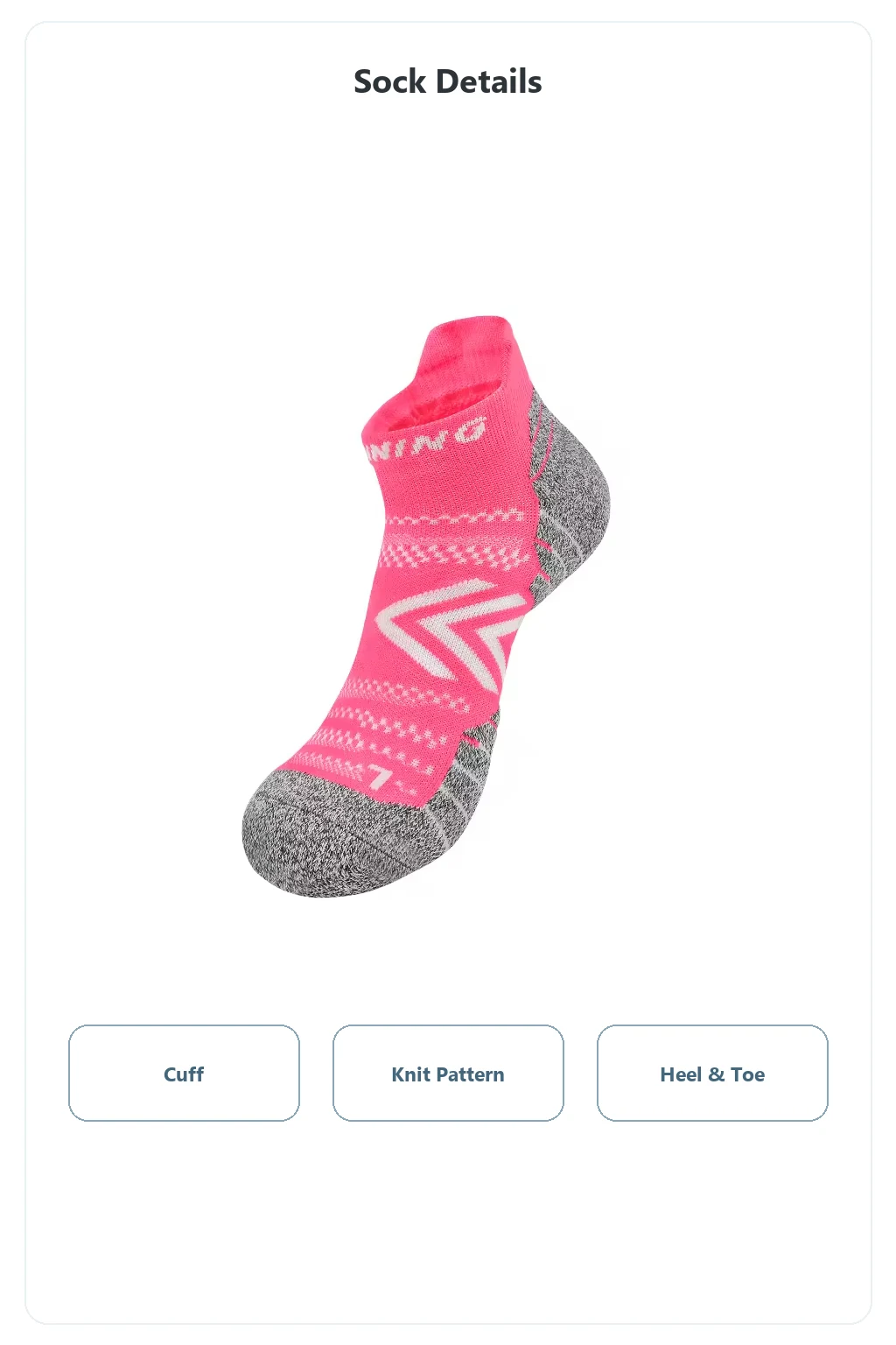 Single pink ankle sock above labels for cuff, knit pattern, heel and toe.