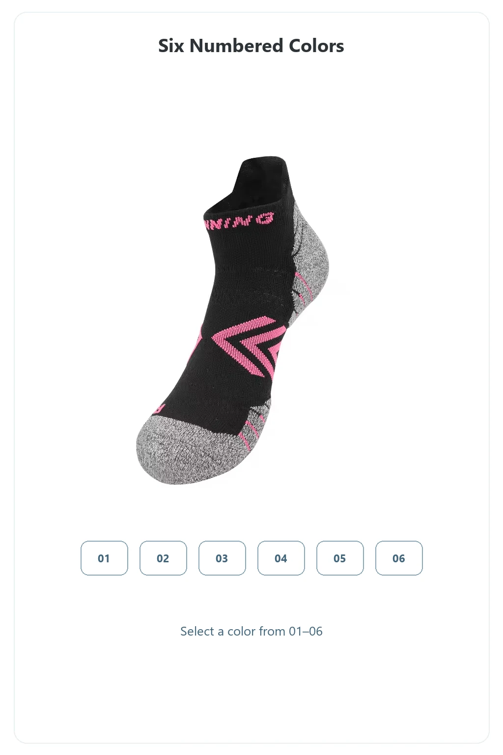 Single black ankle sock with six numbered color-choice buttons 01 to 06.