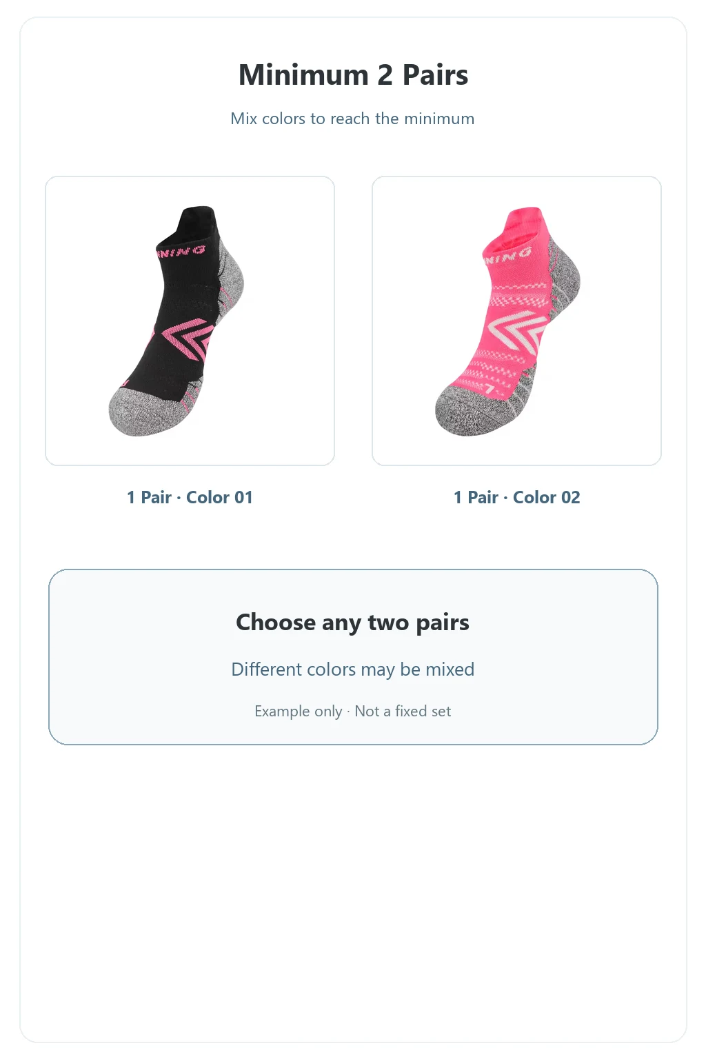 Black color 01 and pink color 02 sock photos in a mixed-color, minimum-two-pair order example.