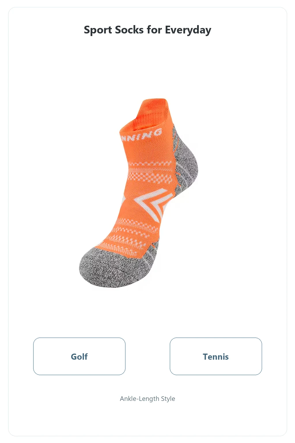 Single orange ankle sock with Golf and Tennis labels and ankle-length style text.