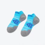 Two cyan ankle socks with dark blue graphics and gray heel and toe on a light background.