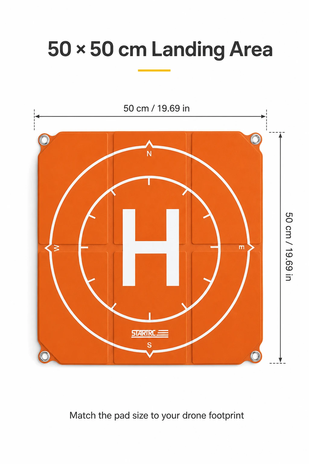 Dimension graphic labels a 50 × 50 cm (19.69 × 19.69 in) landing area and advises matching it to a drone footprint
