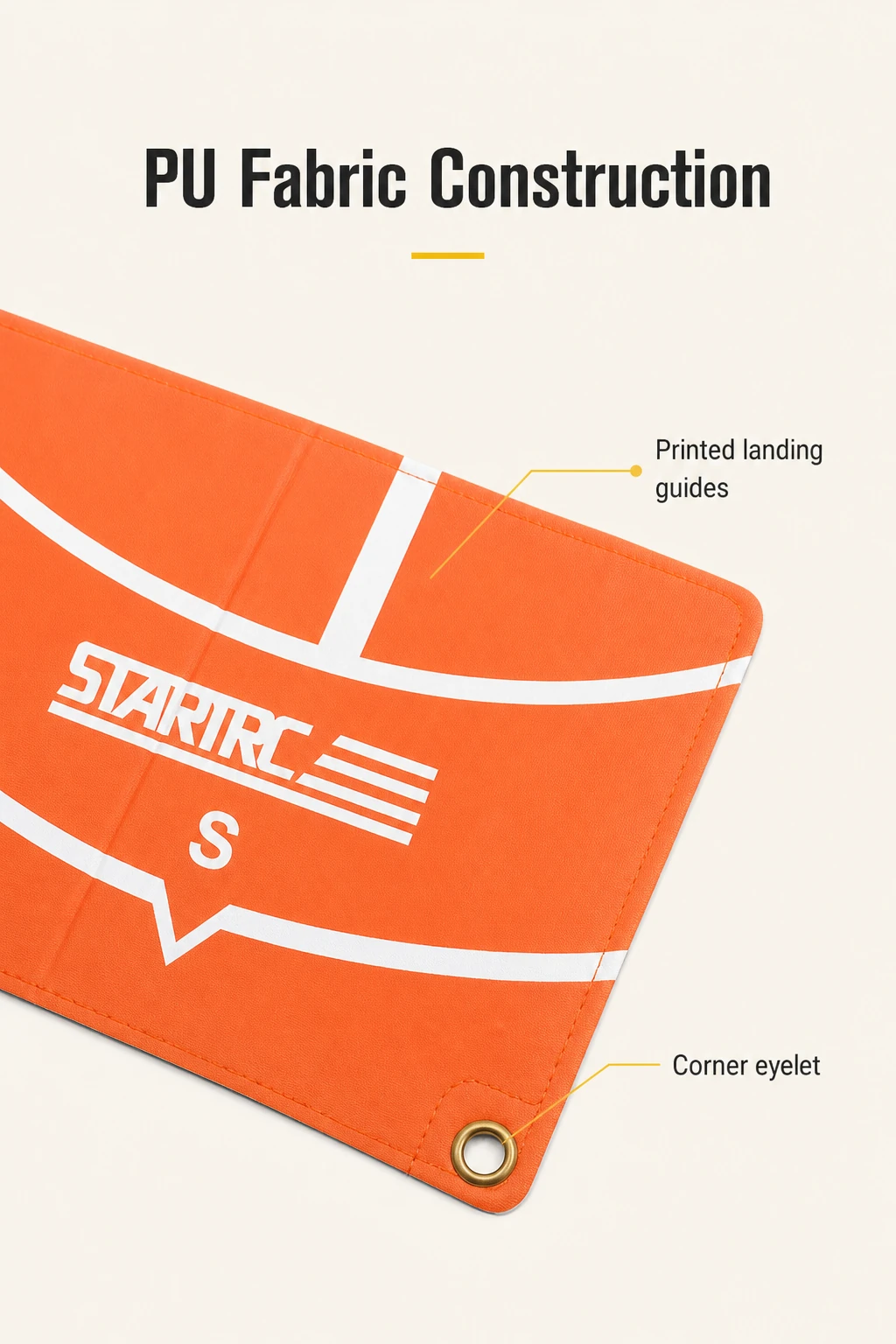 PU fabric close-up with printed landing markings and a corner eyelet label