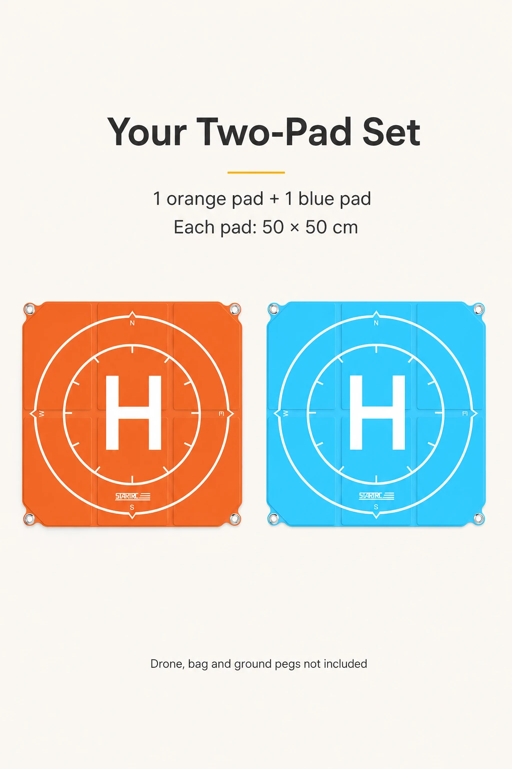 Set contents: one orange and one blue pad, each 50 × 50 cm, without a drone, bag or pegs
