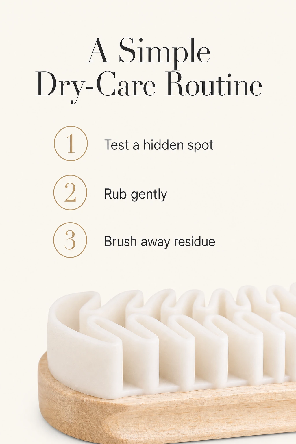 Dry-care steps: test, rub gently and brush away residue