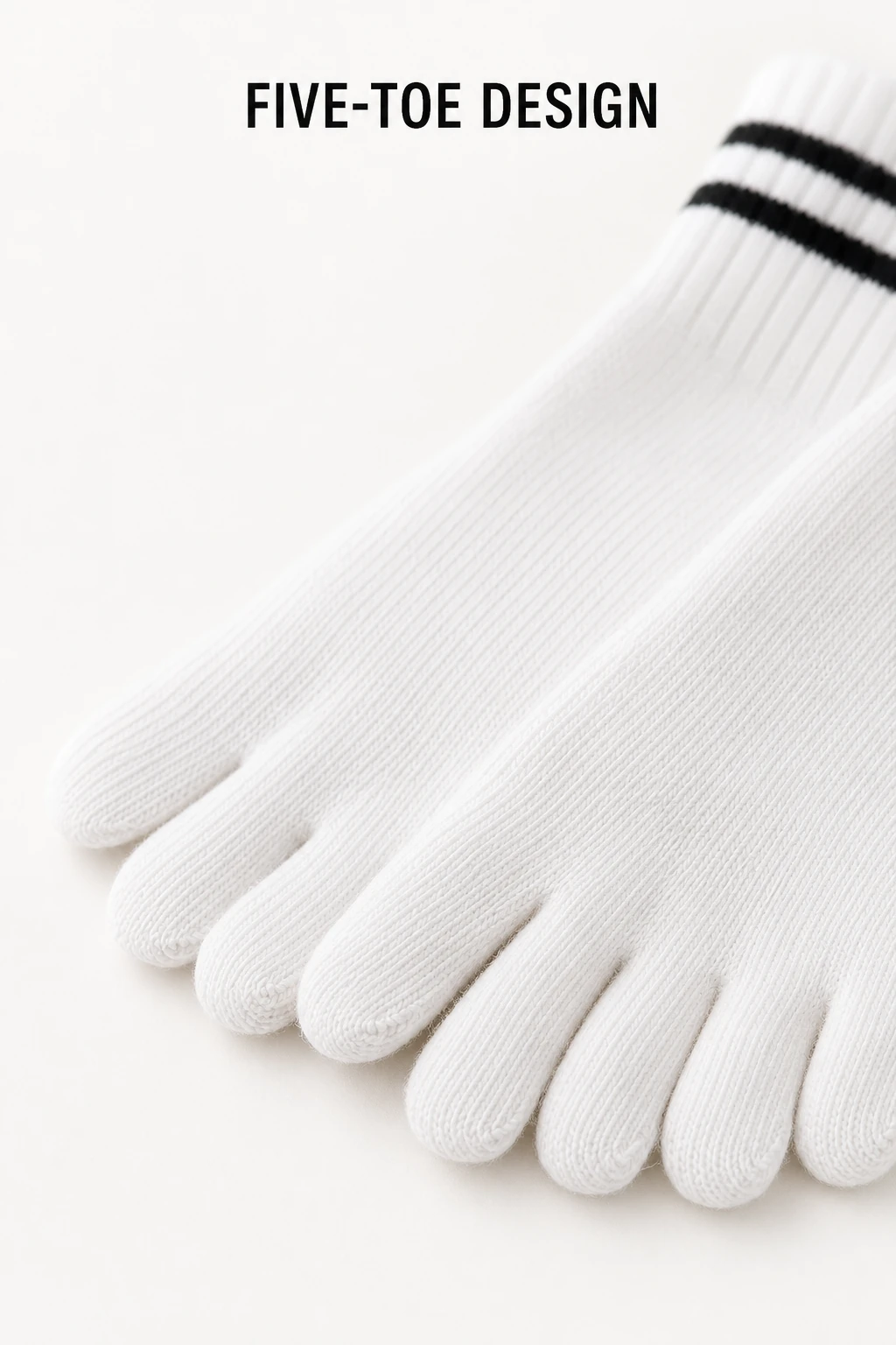 Close view of white five-toe sock pockets and ribbed knit