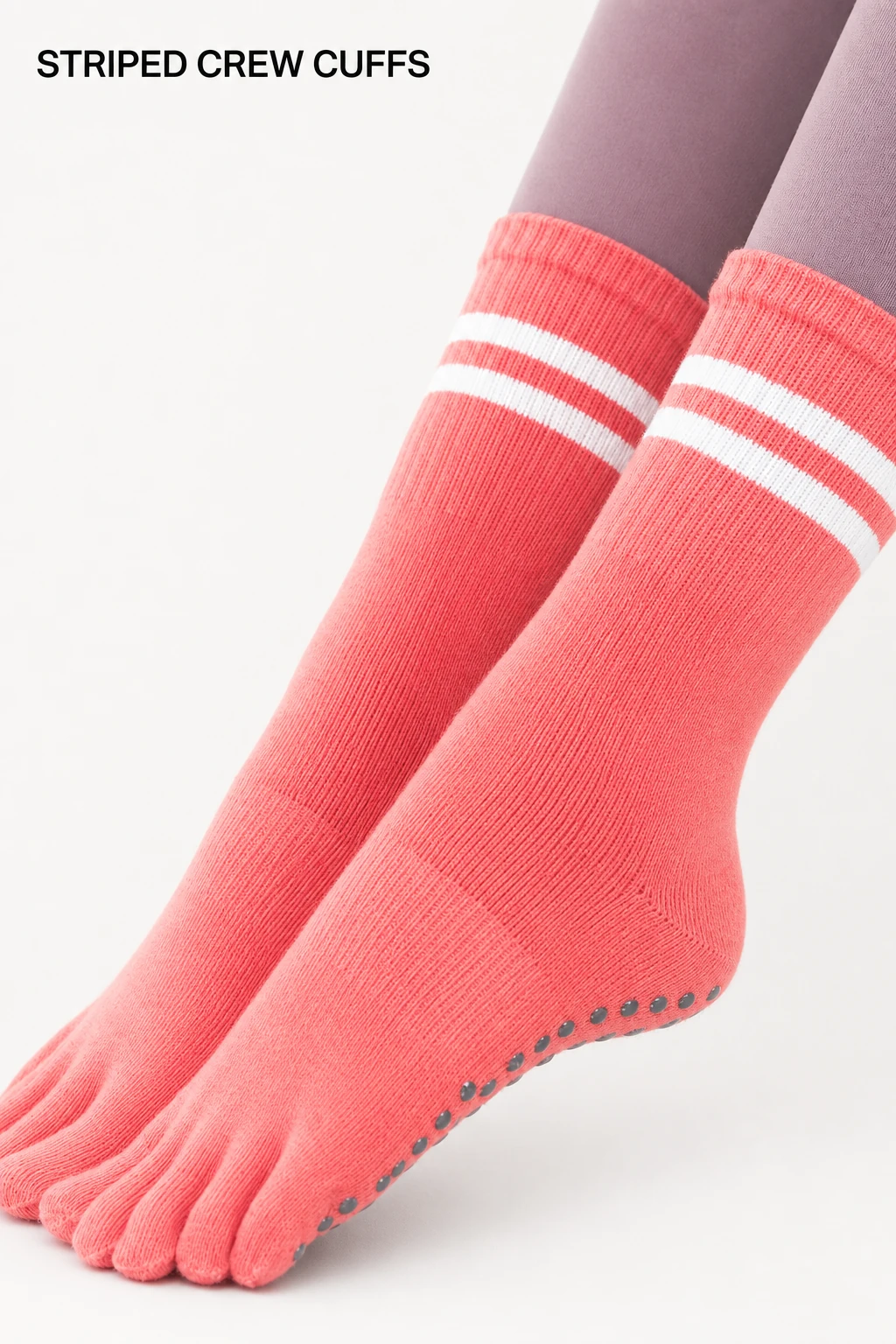 Red ribbed crew sock cuffs with two stripes