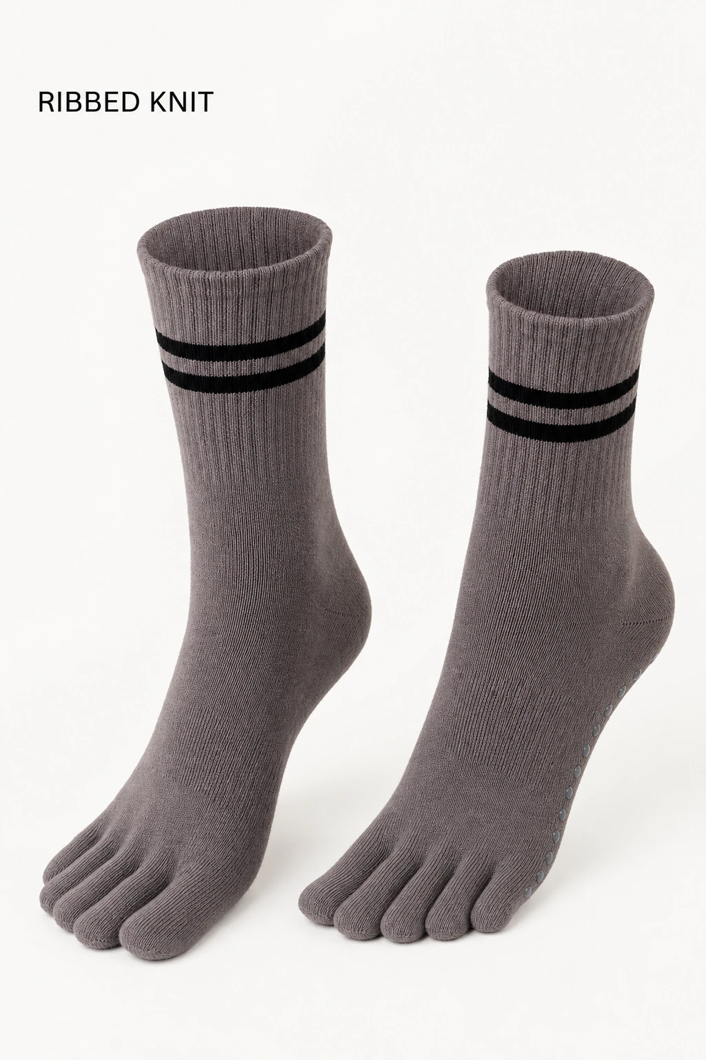 Brown five-toe sock pair showing the ribbed knit texture