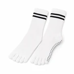 One white pair of SURE five-toe crew socks with black cuff stripes and sole grip dots