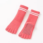 Red five-toe socks showing five toe pockets on each sock and two cuff stripes