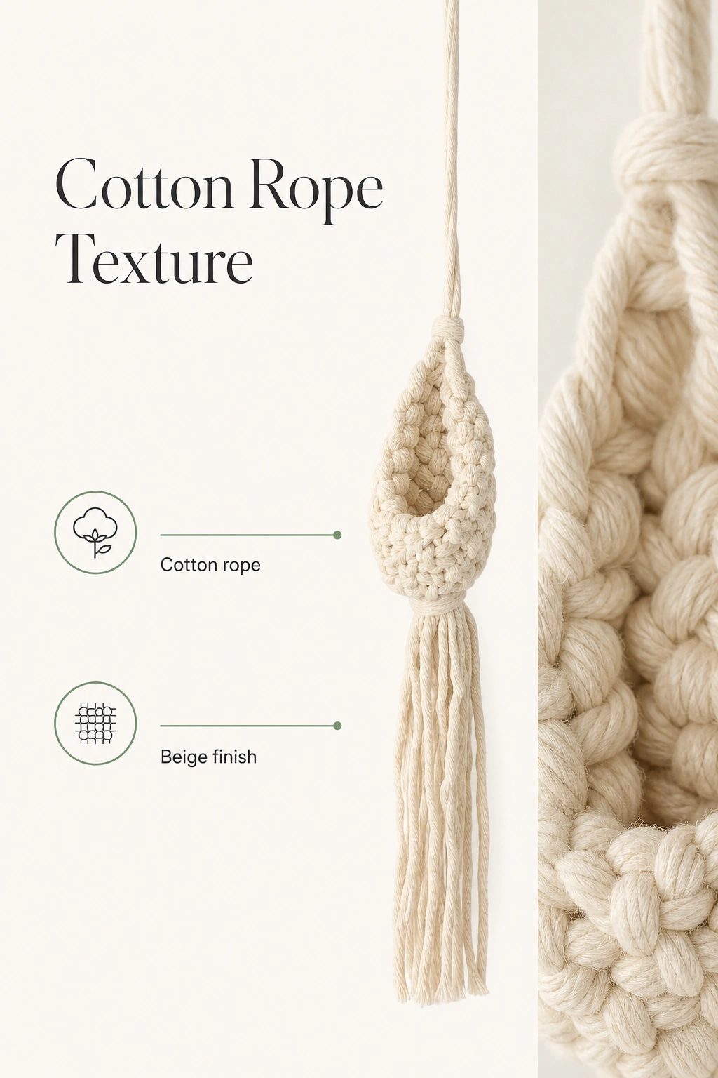 Infographic showing an empty beige hanger, cotton-rope knots, and Cotton rope and Beige finish labels.