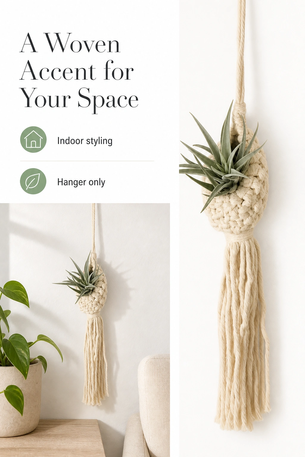 Indoor styling graphic showing the hanger with a plant and pot; the text says Hanger only.