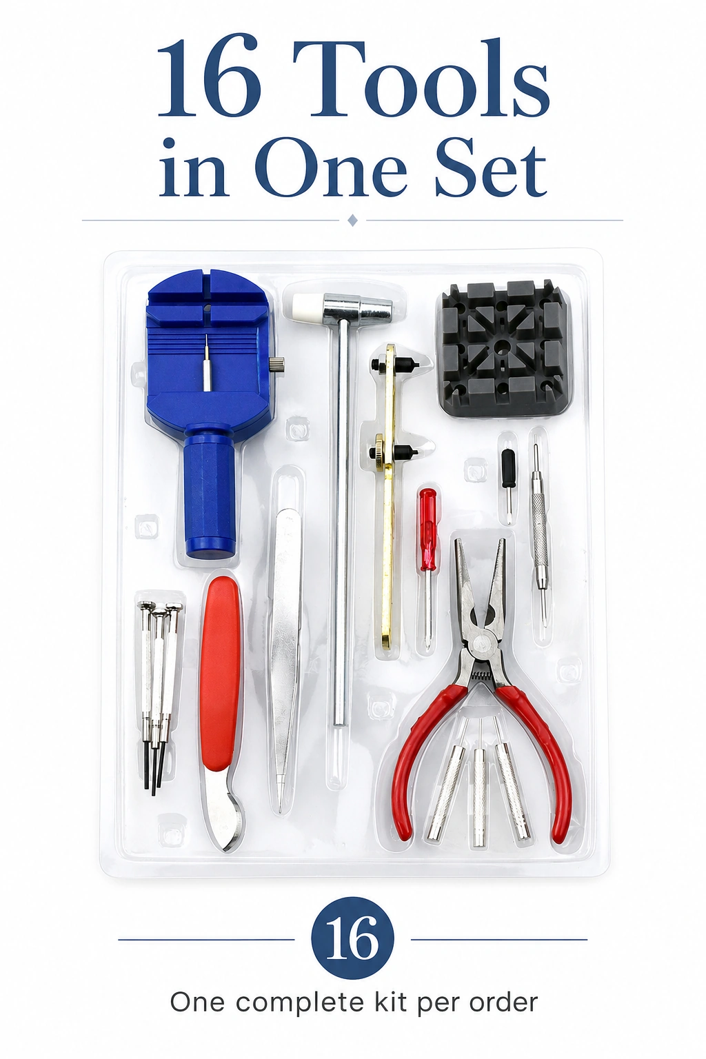 Complete blister tray showing all 16 tools