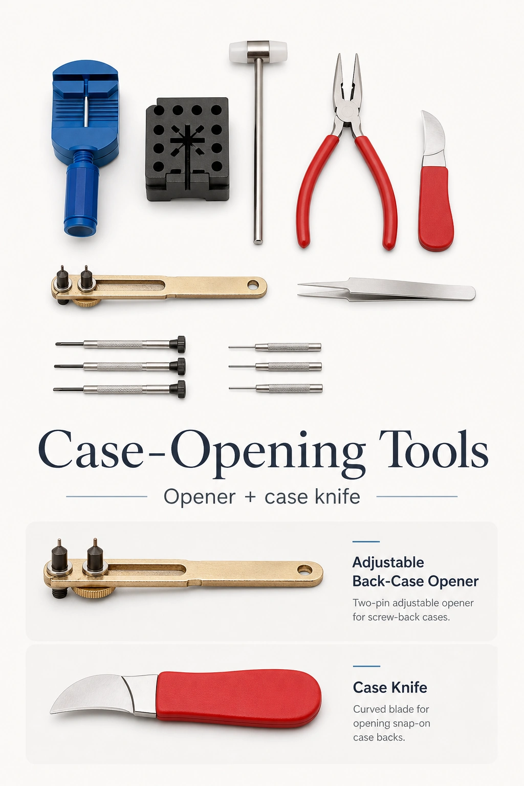 Gold adjustable back-case opener and red-handled case knife