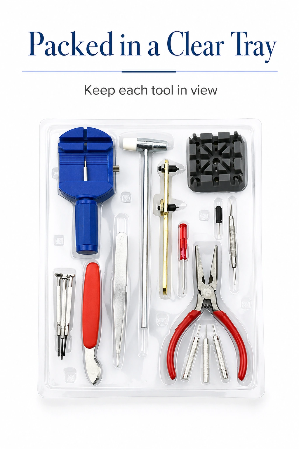 Sixteen watch tools arranged in a clear blister tray for storage