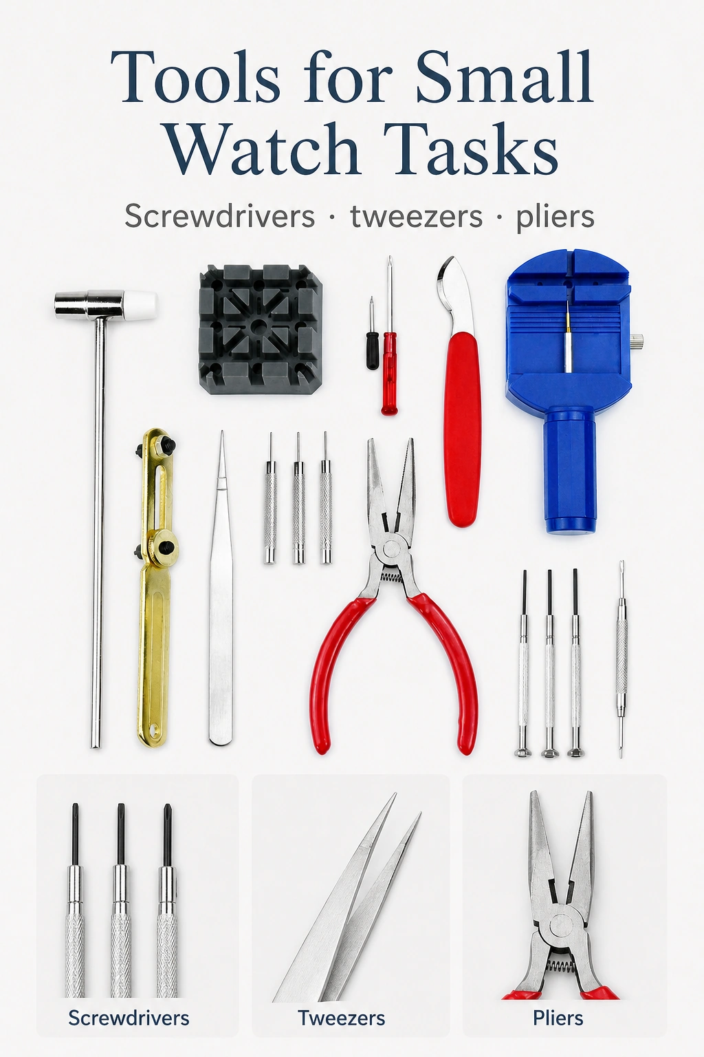 Slotted and Phillips screwdrivers, tweezers and pliers from the kit