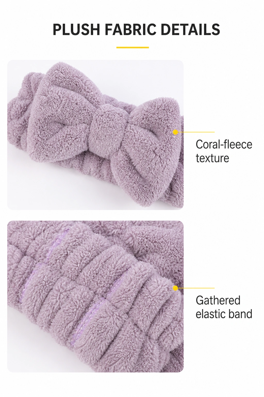 Paneles de detalle del tejido coral fleece morado y las costuras elásticas fruncidas