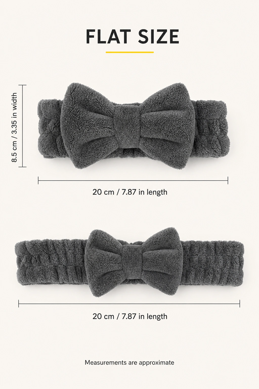 Diadema gris oscuro plana con medidas de 20 cm de largo y 8,5 cm de ancho