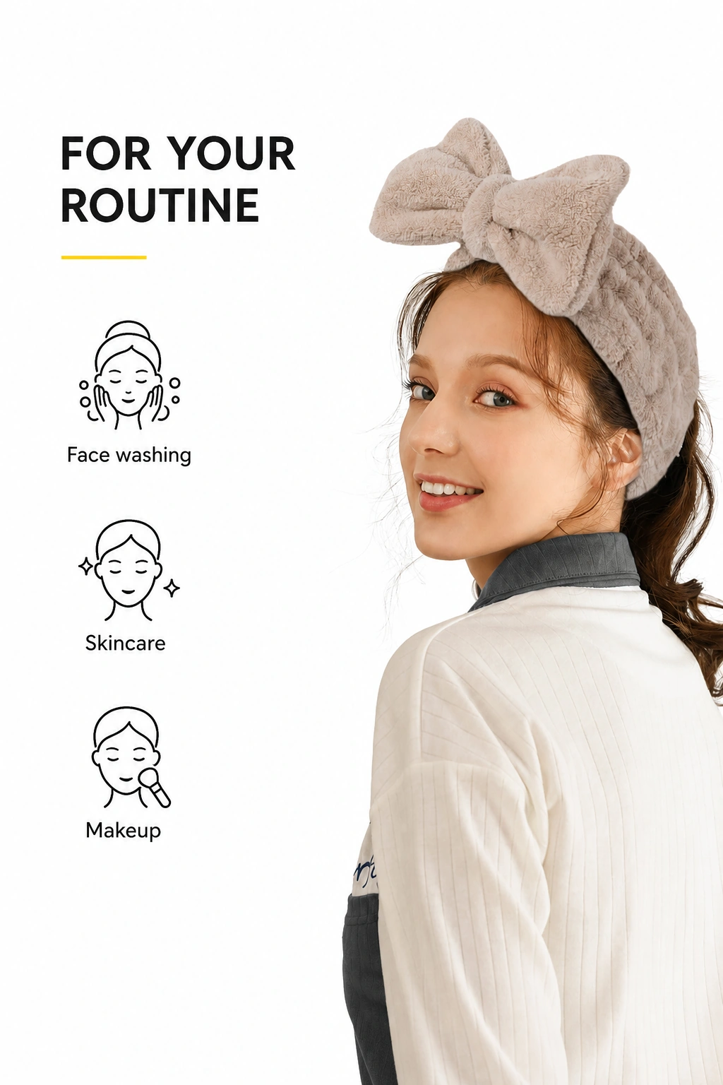 Persona con diadema camel junto a rótulos de limpieza facial, cuidado de la piel y maquillaje