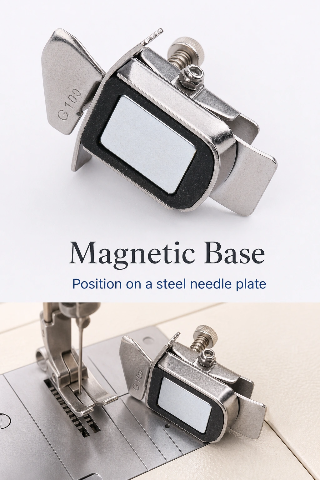 Magnetic base of the seam guide beside a steel needle plate