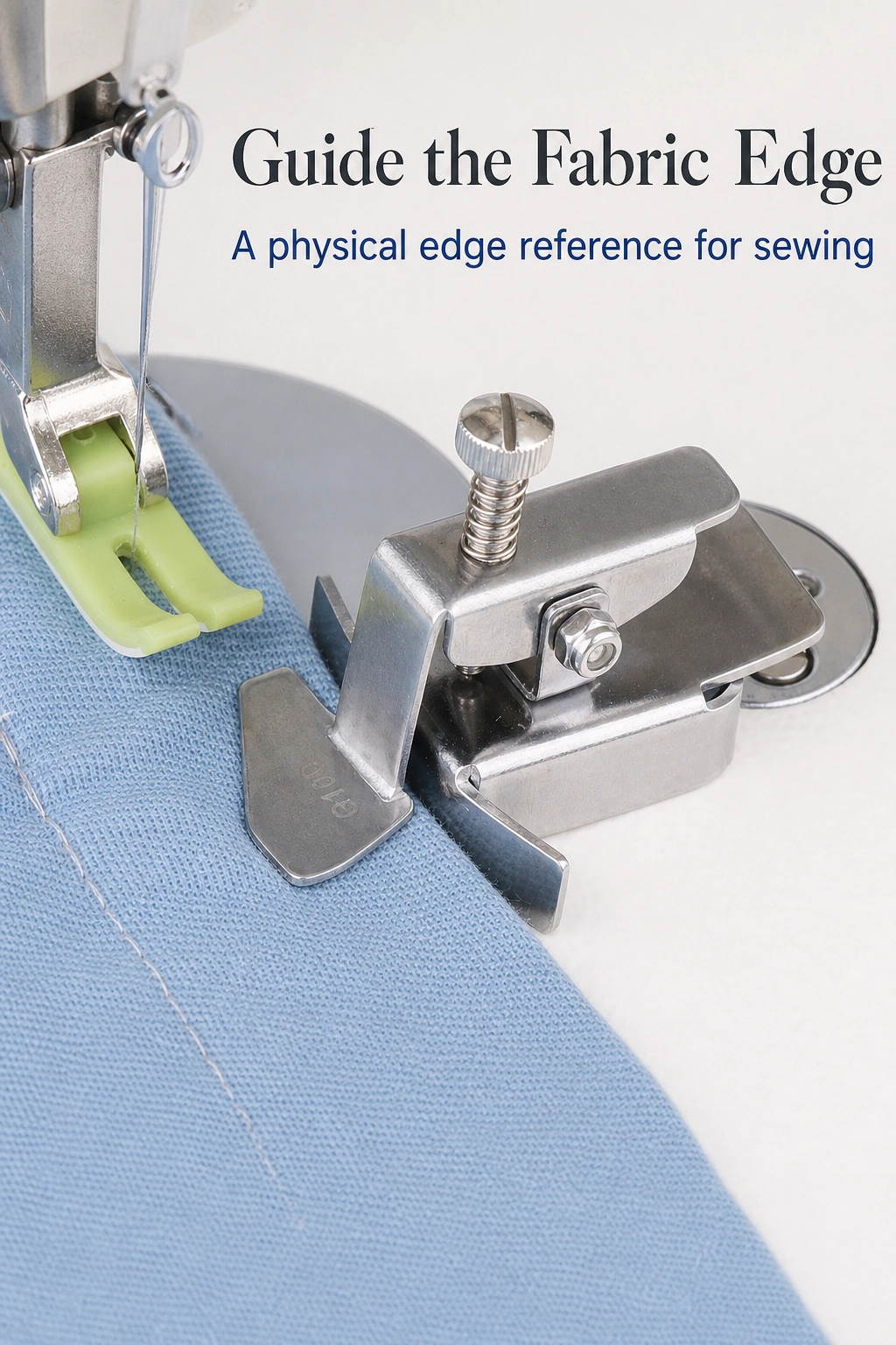 Seam guide wing beside blue fabric at a sewing machine needle plate