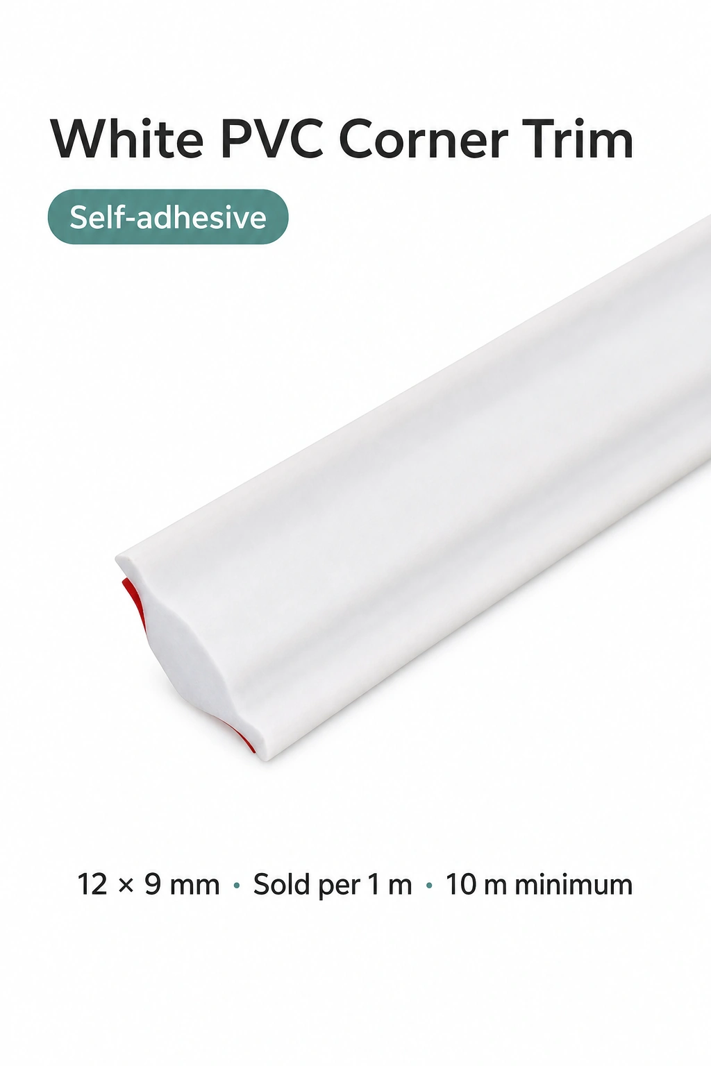 White PVC trim beside text describing self-adhesive backing and per-metre pricing.