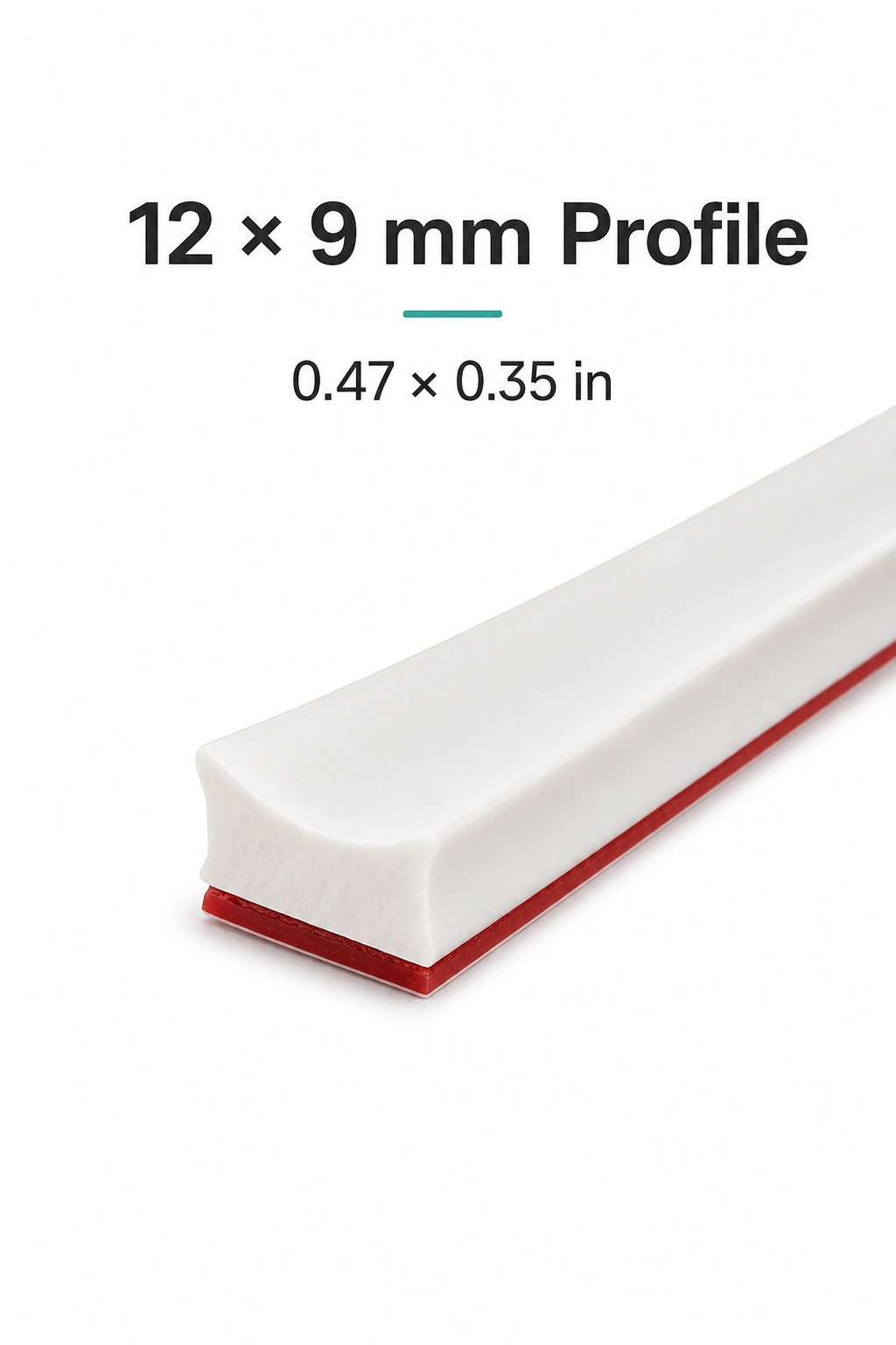 White PVC trim sample beside the text 12 × 9 mm profile and inch conversion.