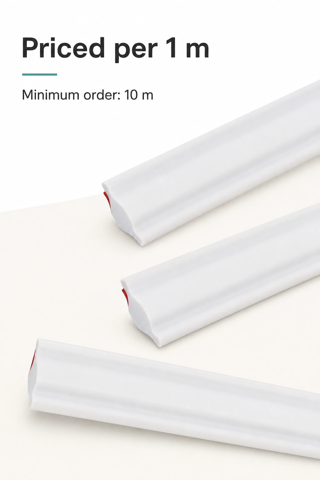 Three white trim samples beneath per-metre price and 10 m minimum text.