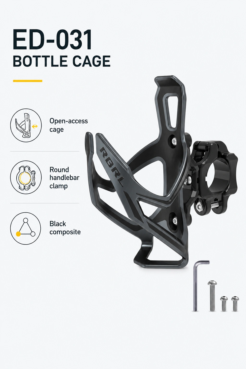 ED-031 open-access cage, round handlebar clamp, and black composite material