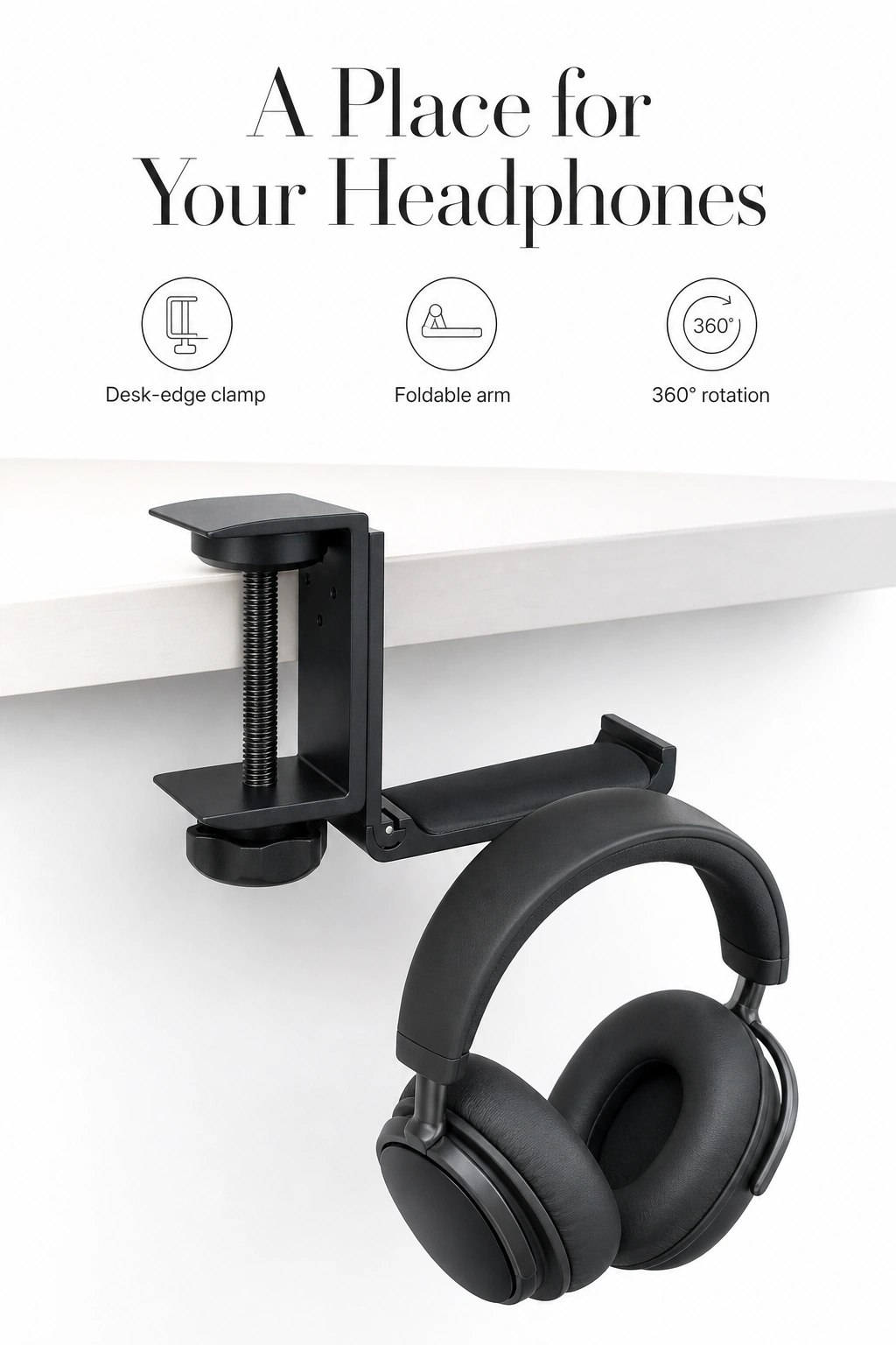 Black clamp-on headphone holder attached to a desk with headphones hanging from its arm; icons identify clamp, foldable arm and 360° rotation.