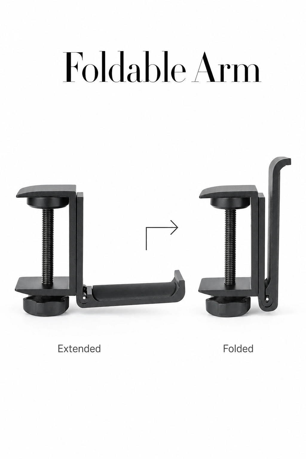 Black headphone holder shown with its arm extended and folded upright beside the clamp; headline “Foldable Arm”.
