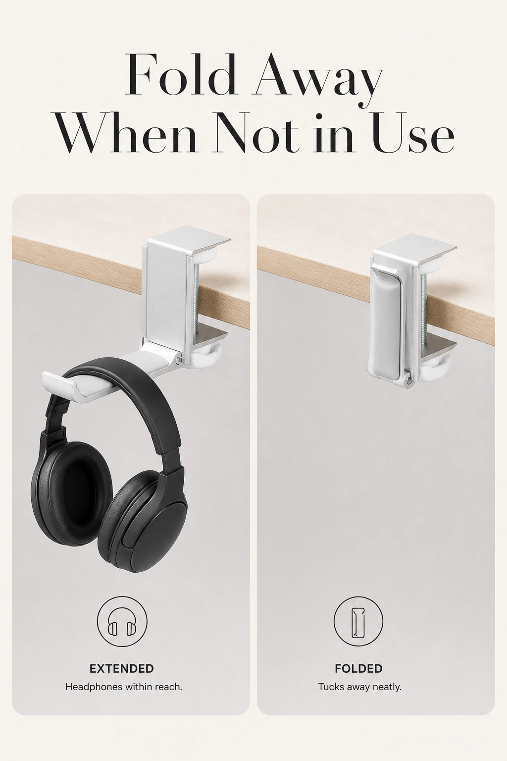 Two-panel comparison of the silver holder extended with headphones and folded beside the desk; labeled “Extended” and “Folded”.
