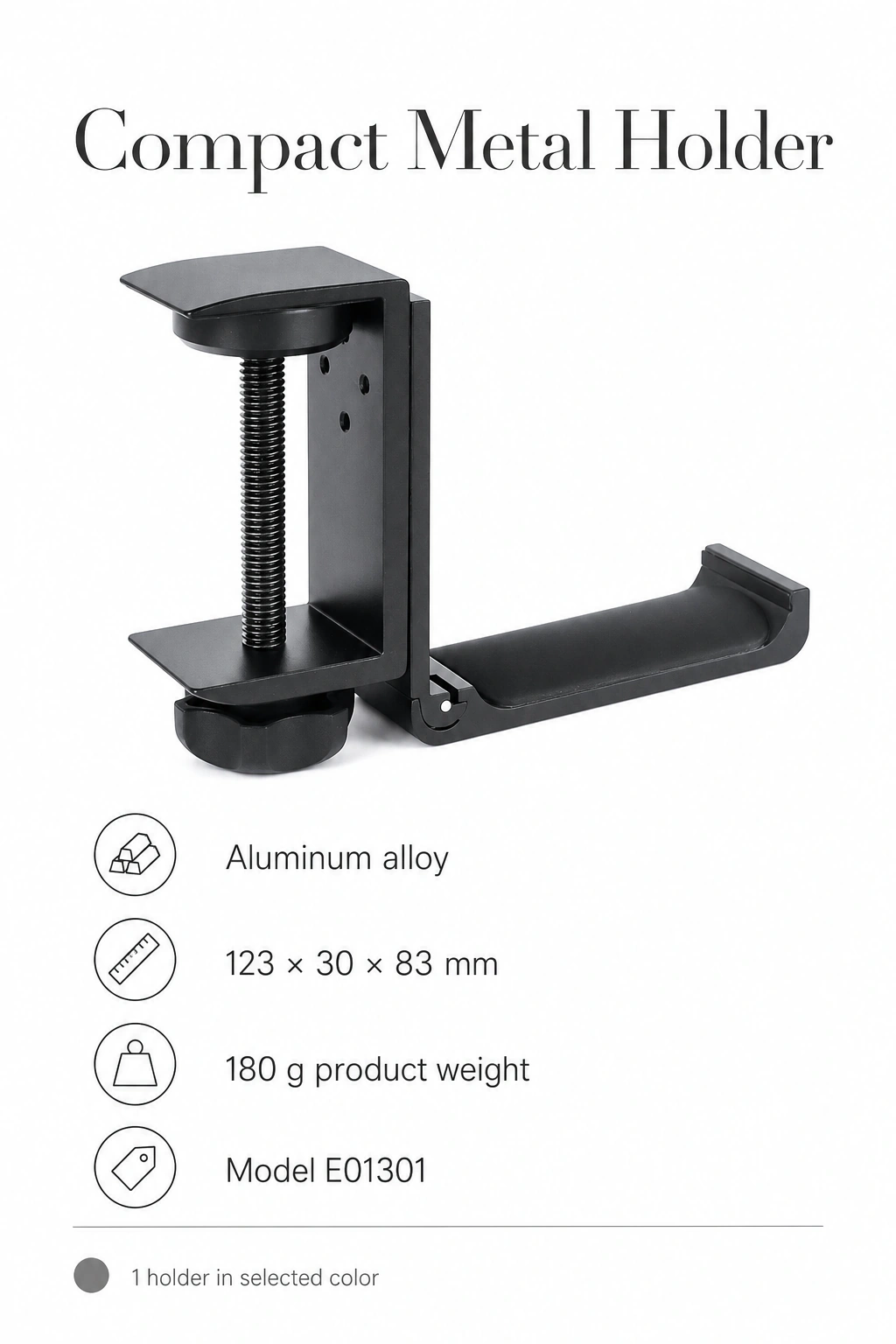 Black holder with labels for aluminum alloy, 123 × 30 × 83 mm, 180 g product weight, model E01301 and one selected-color holder.