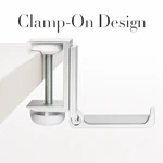Side view of the silver desk-clamp headphone holder attached to a desk edge, showing its clamp and single arm.