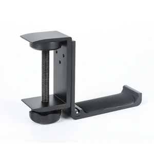 Black ruizs E01301 aluminum-alloy desk-clamp headphone holder with one foldable hanger arm.