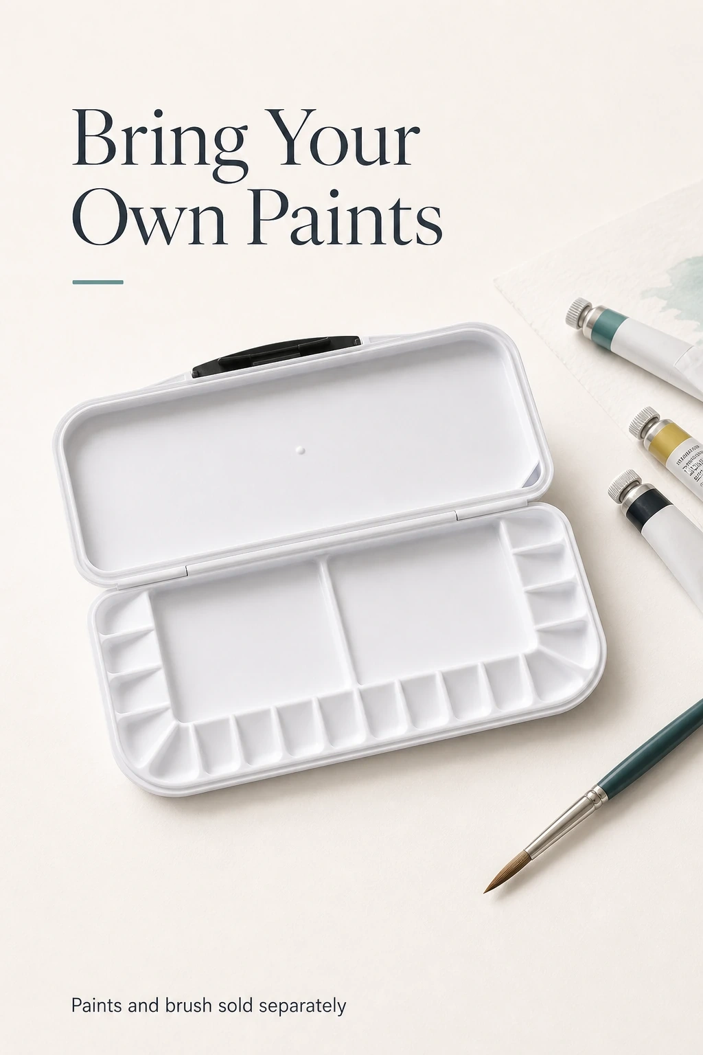Empty palette with separate paints and brush shown nearby