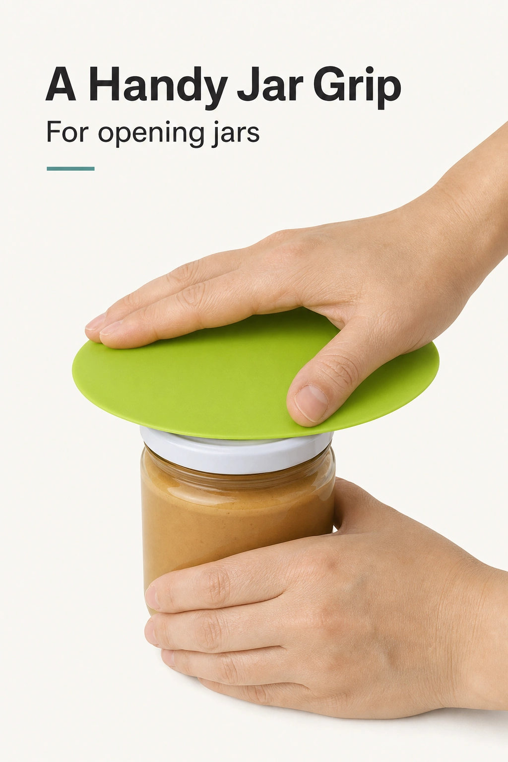 A hand holds a silicone pad over a plain jar lid, illustrating how it is positioned for opening.
