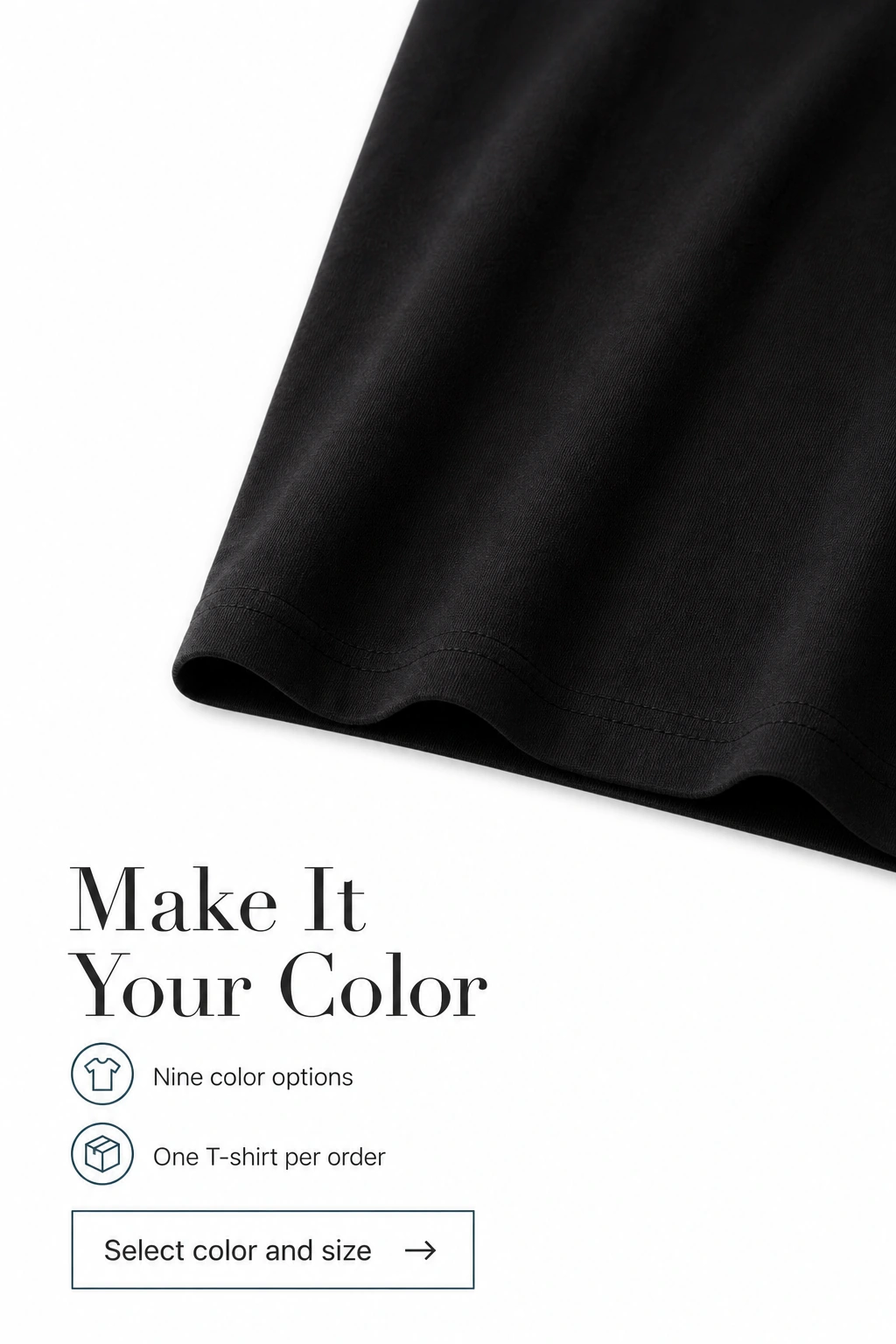 Bajo de camiseta negra con información de nueve colores y una camiseta