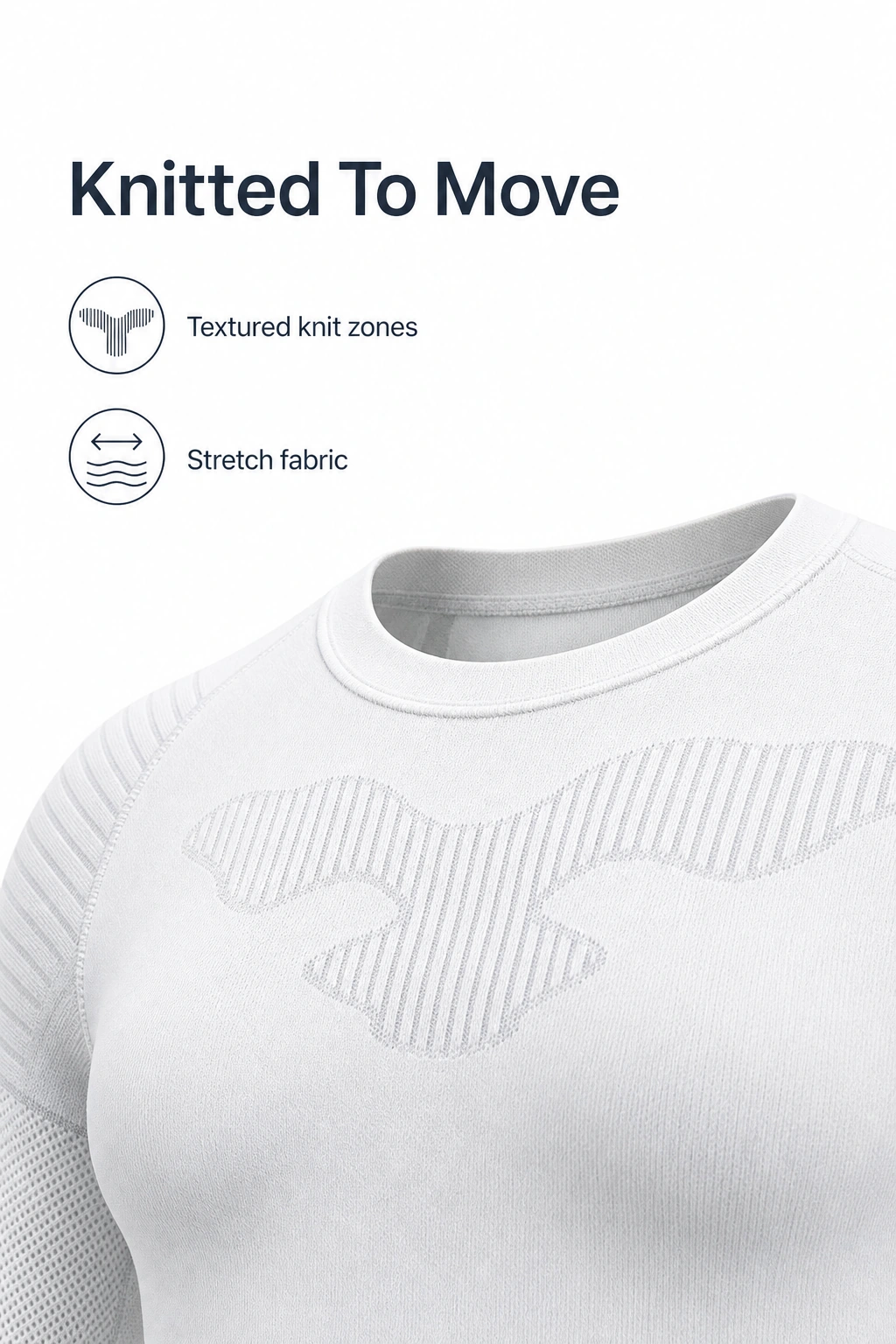 Close-up of textured knit zones around the crew neckline