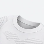 Crew neckline and textured chest knit shown close up