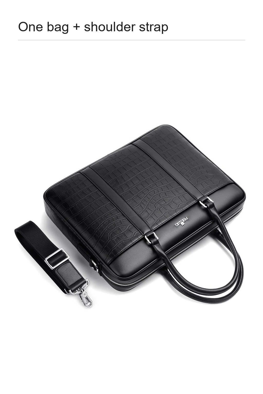 One black briefcase and its separate shoulder strap on white