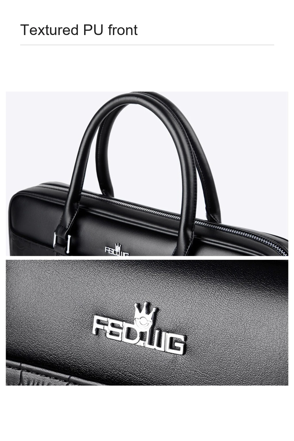 Close photograph of the black textured PU panel and silver bag mark