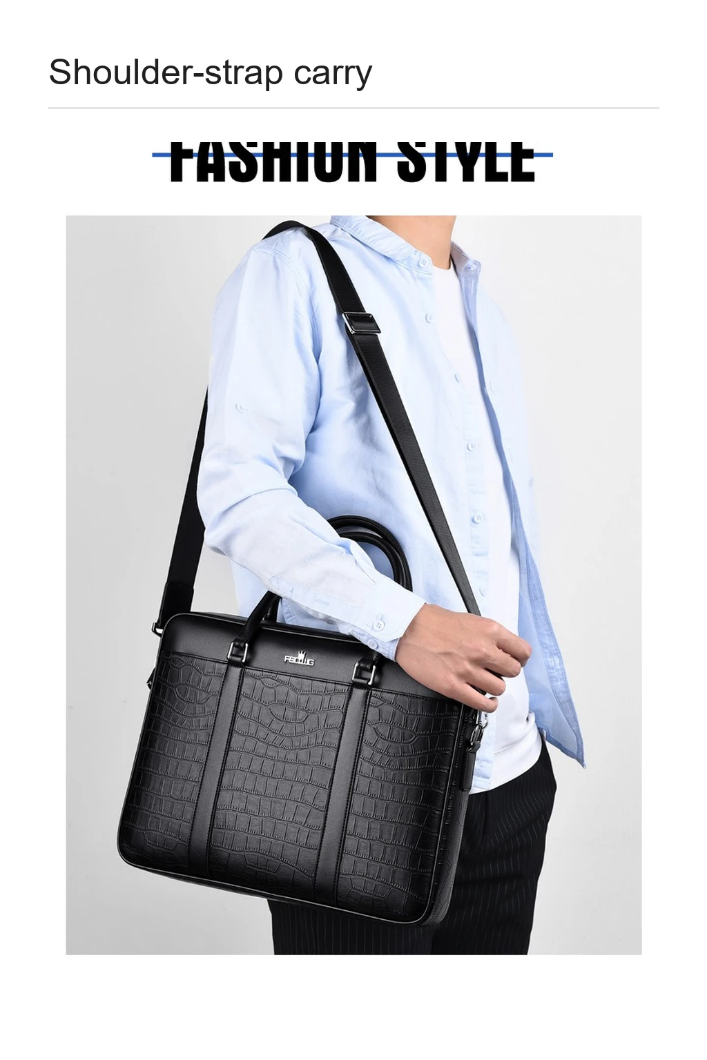 Black shoulder-carried briefcase shown with its actual strap