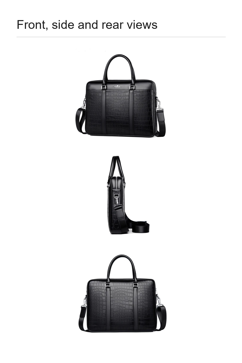 Front, side and rear views of the black briefcase and its strap