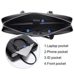 Open black briefcase showing its interior compartments and pocket layout