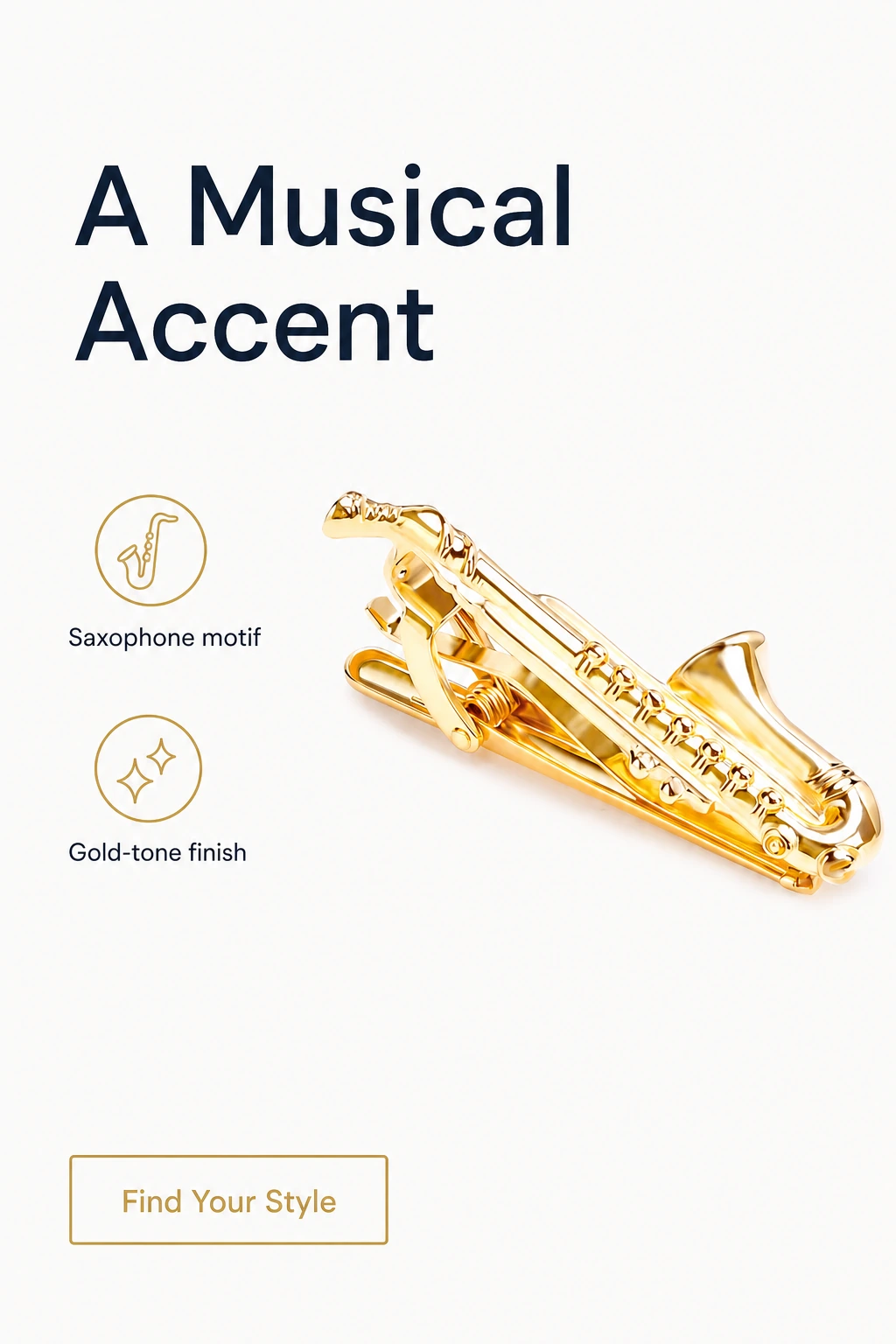 Goldfarbene Saxofon-Krawattenklammer mit Musikmotiv