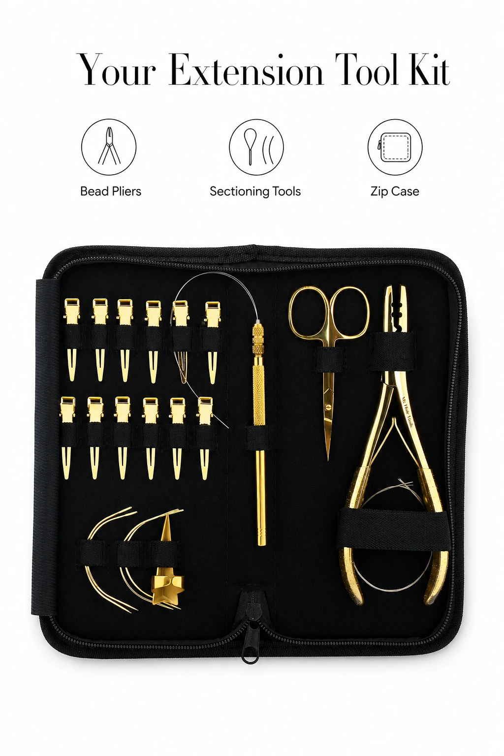 Gráfico del kit dorado con etiquetas de anillas, separación y estuche